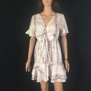 Snakeskin Print Ruffle Sleeves Bow V-neck Dress